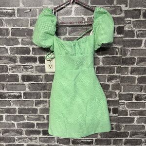 NWT Zara mini dress Green white gingham plaid print strappy tie back puff sleeve